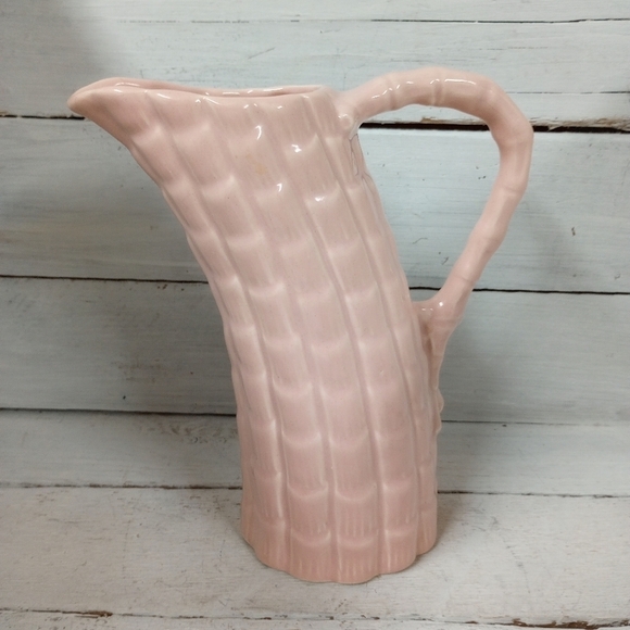 Vintage Pink Bamboo Style Handled Pitcher, Numbered and Made in USA, MCM - Picture 1 of 10